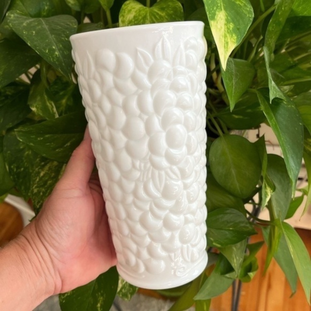 Vintage Textured Fruit Pattern Milk Glass Vase - Picture 5 of 14
